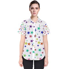 Star Random Background Scattered Women s Short Sleeve Shirt