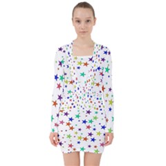 Star Random Background Scattered V-neck Bodycon Long Sleeve Dress