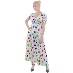 Star Random Background Scattered Button Up Short Sleeve Maxi Dress