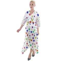 Star Random Background Scattered Quarter Sleeve Wrap Front Maxi Dress