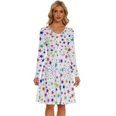 Star Random Background Scattered Long Sleeve Dress With Pocket