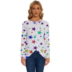 Star Random Background Scattered Long Sleeve Crew Neck Pullover Top by Hannah976