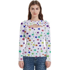 Star Random Background Scattered Women s Cut Out Long Sleeve T-shirt