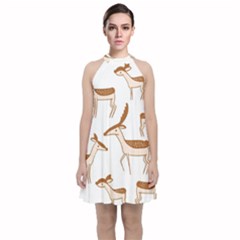 Seamless Deer Pattern Design Velvet Halter Neckline Dress 