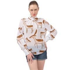 Seamless Deer Pattern Design High Neck Long Sleeve Chiffon Top