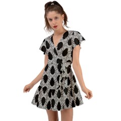 Pattern Beetle Insect Black Grey Flutter Sleeve Wrap Dress