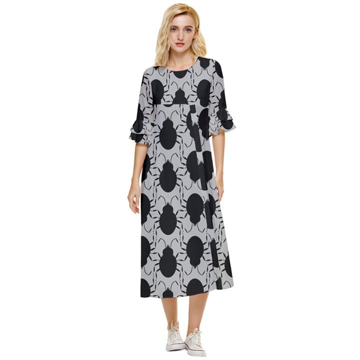 Pattern Beetle Insect Black Grey Double Cuff Midi Dress