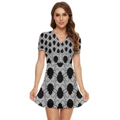 Pattern Beetle Insect Black Grey V-neck High Waist Chiffon Mini Dress