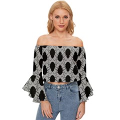 Pattern Beetle Insect Black Grey Off Shoulder Flutter Bell Sleeve Top