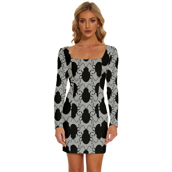 Pattern Beetle Insect Black Grey Long Sleeve Square Neck Bodycon Velvet Dress