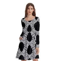 Pattern Beetle Insect Black Grey Long Sleeve Knee Length Skater Dress With Pockets