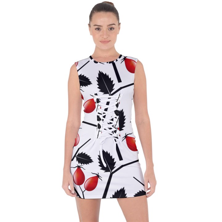 Rose Hip Pattern Branches Autumn Lace Up Front Bodycon Dress