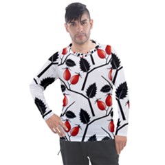 Rose Hip Pattern Branches Autumn Men s Pique Long Sleeve T-shirt