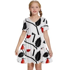 Rose Hip Pattern Branches Autumn Kids  Short Sleeve Tiered Mini Dress