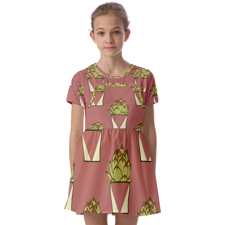 Cactus Pattern Background Texture Kids  Short Sleeve Pinafore Style Dress