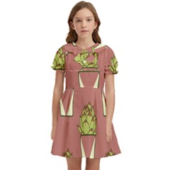 Cactus Pattern Background Texture Kids  Bow Tie Puff Sleeve Dress by Hannah976