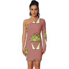 Cactus Pattern Background Texture Long Sleeve One Shoulder Mini Dress by Hannah976