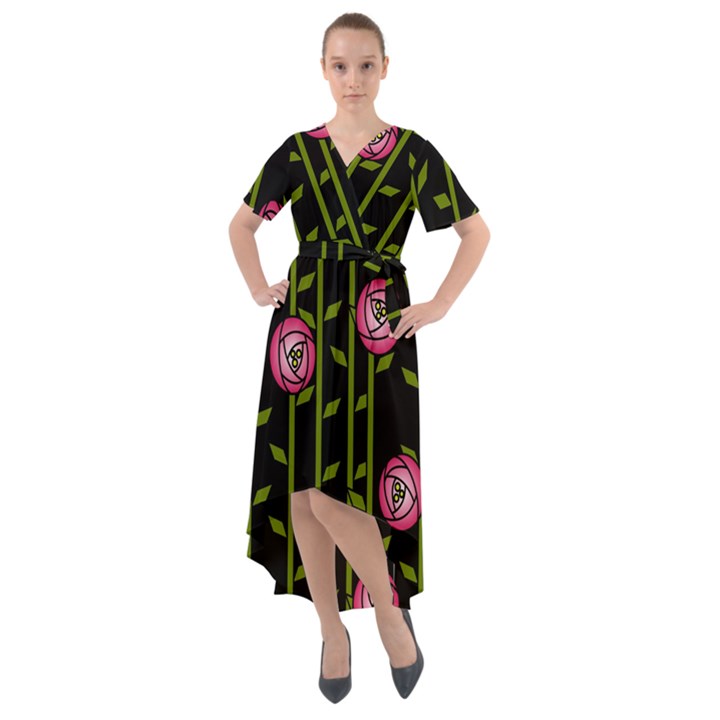 Rose Abstract Rose Garden Front Wrap High Low Dress