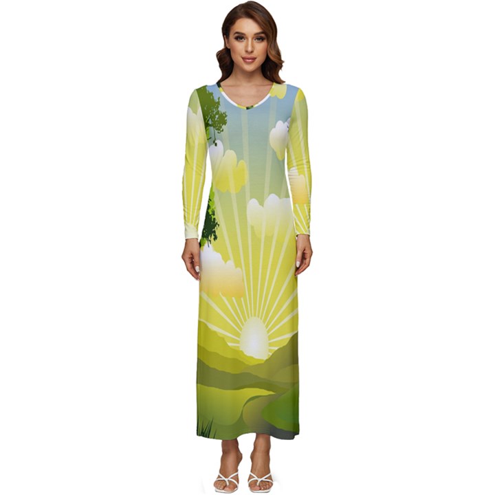 Wallpaper Background Landscape Long Sleeve Longline Maxi Dress