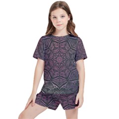 Mandala Neon Symmetric Symmetry Kids  T-shirt And Sports Shorts Set by Hannah976