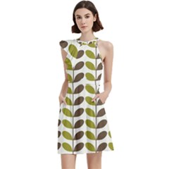 Leaf Plant Pattern Seamless Cocktail Party Halter Sleeveless Dress With Pockets