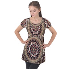 Seamless Pattern Floral Flower Puff Sleeve Tunic Top by Hannah976