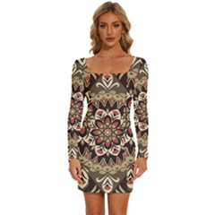 Seamless Pattern Floral Flower Long Sleeve Square Neck Bodycon Velvet Dress by Hannah976