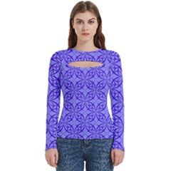 Decor Pattern Blue Curved Line Women s Cut Out Long Sleeve T-shirt by Hannah976