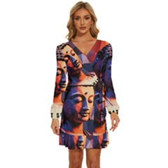 Let That Shit Go Buddha Low Poly (6) Long Sleeve Waist Tie Ruffle Velvet Dress by 1xmerch