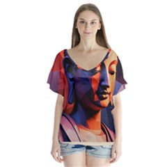 Let That Shit Go Buddha Low Poly (6) V-neck Flutter Sleeve Top by 1xmerch