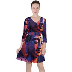 Let That Shit Go Buddha Low Poly (6) Quarter Sleeve Ruffle Waist Dress by 1xmerch