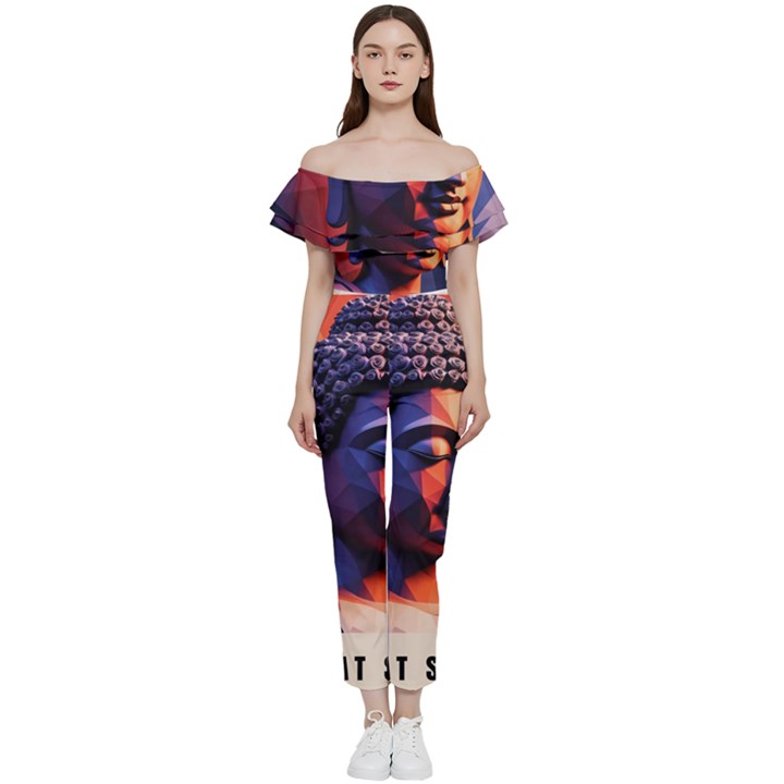 Let That Shit Go Buddha Low Poly (6) Bardot Ruffle jumpsuit