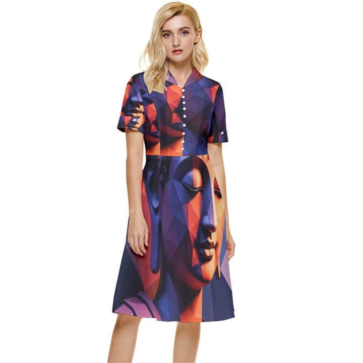 Let That Shit Go Buddha Low Poly (6) Button Top Knee Length Dress