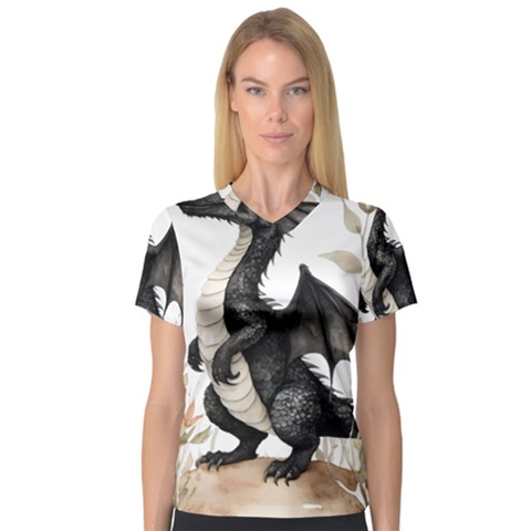 Cute Black Baby Dragon Flowers Painting (2) V-neck Sport Mesh T-shirt by 1xmerch