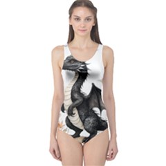 Cute Black Baby Dragon Flowers Painting (2) One Piece Swimsuit