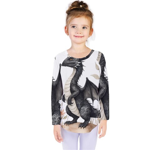 Cute Black Baby Dragon Flowers Painting (2) Kids  Long Sleeve T-shirt by 1xmerch