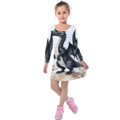 Cute Black Baby Dragon Flowers Painting (2) Kids  Long Sleeve Velvet Dress