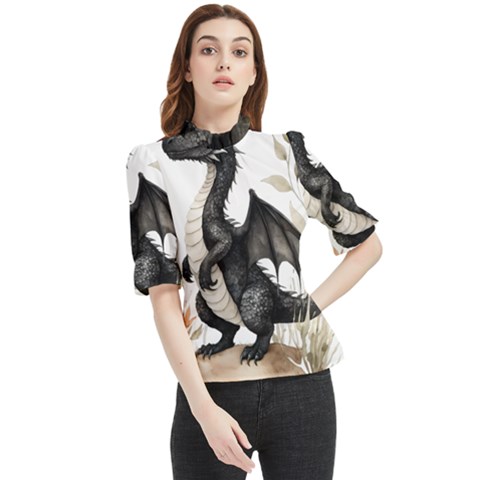 Cute Black Baby Dragon Flowers Painting (2) Frill Neck Blouse by 1xmerch