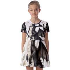 Cute Black Baby Dragon Flowers Painting (2) Kids  Short Sleeve Pinafore Style Dress by 1xmerch