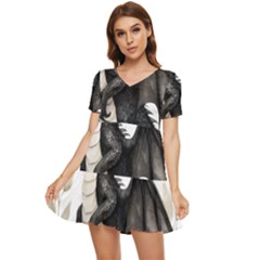 Cute Black Baby Dragon Flowers Painting (2) Tiered Short Sleeve Babydoll Dress by 1xmerch