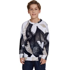 Cute Black Baby Dragon Flowers Painting (2) Kids  Crewneck Sweatshirt