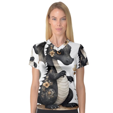 Cute Black Baby Dragon Flowers Painting (7) V-neck Sport Mesh T-shirt by 1xmerch