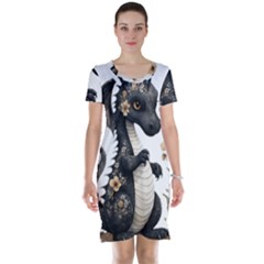 Cute Black Baby Dragon Flowers Painting (7) Short Sleeve Nightdress by 1xmerch