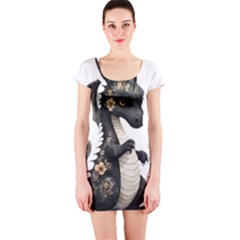 Cute Black Baby Dragon Flowers Painting (7) Short Sleeve Bodycon Dress by 1xmerch