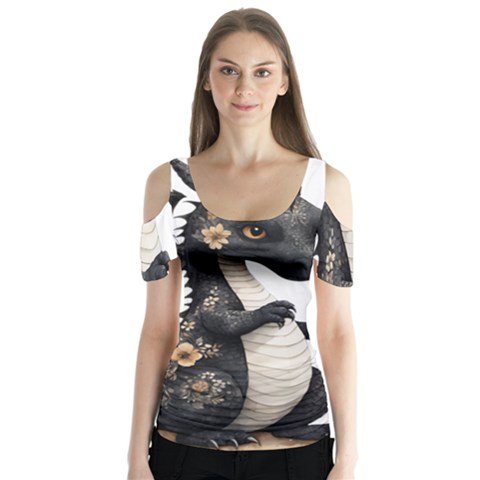 Cute Black Baby Dragon Flowers Painting (7) Butterfly Sleeve Cutout T-shirt  by 1xmerch