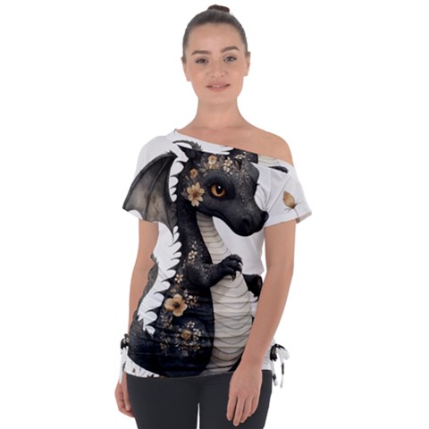 Cute Black Baby Dragon Flowers Painting (7) Off Shoulder Tie-up T-shirt by 1xmerch