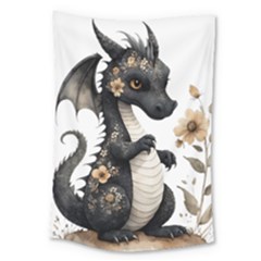 Cute Black Baby Dragon Flowers Painting (7) Large Tapestry