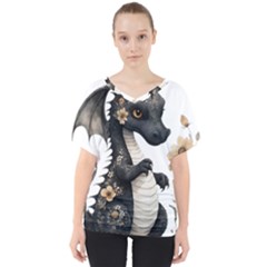 Cute Black Baby Dragon Flowers Painting (7) V-neck Dolman Drape Top by 1xmerch