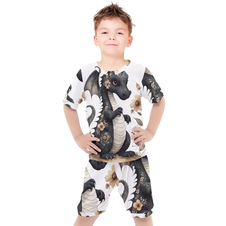 Cute Black Baby Dragon Flowers Painting (7) Kids  T-Shirt and Shorts Set