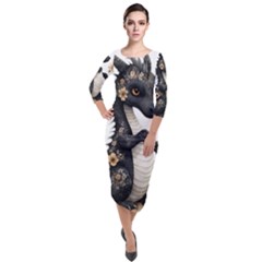 Cute Black Baby Dragon Flowers Painting (7) Quarter Sleeve Midi Velour Bodycon Dress by 1xmerch